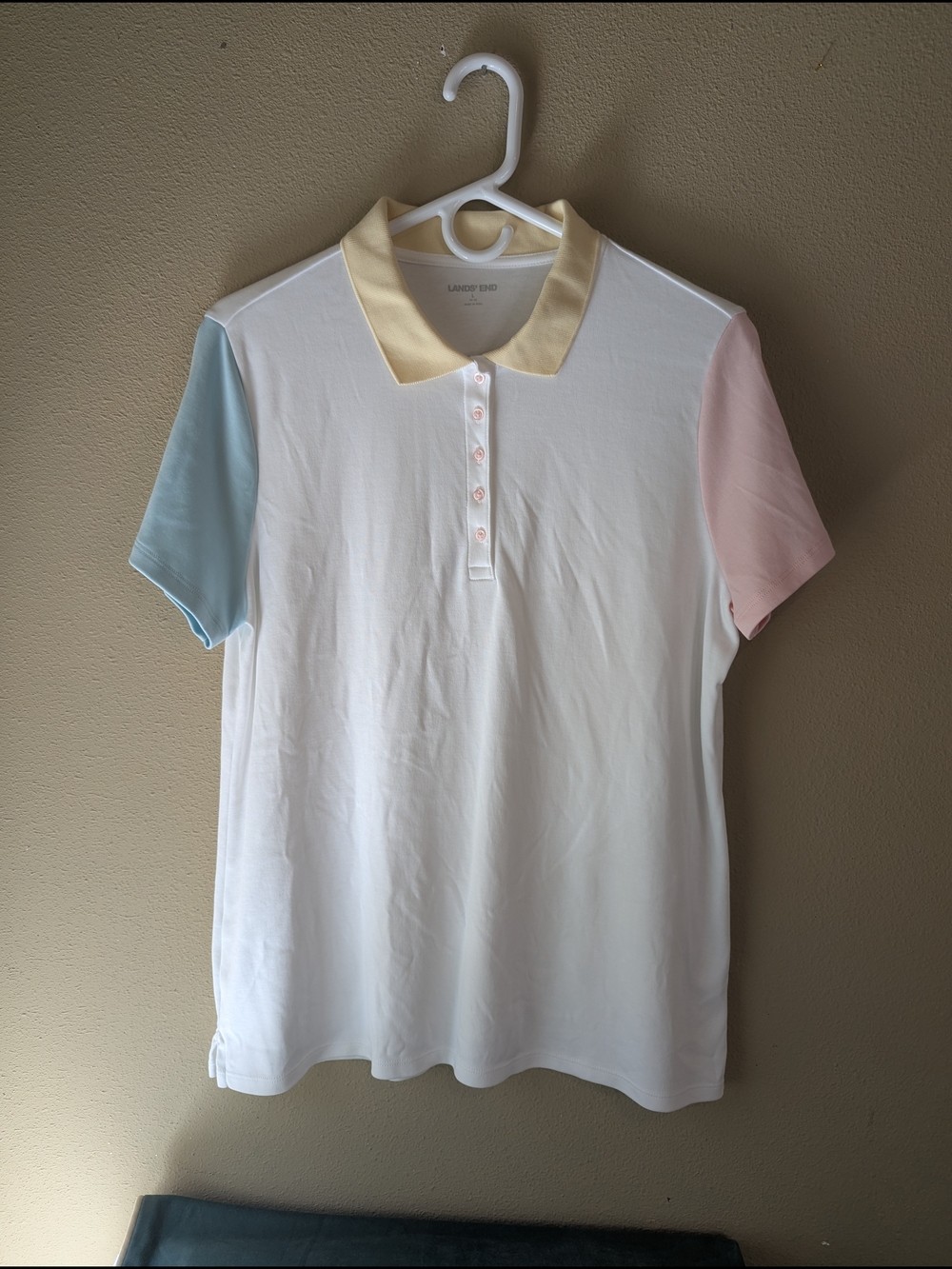 Lands' End White Polo with Pastel Yellow Collar and Pastel Blue & Pink Sleeves